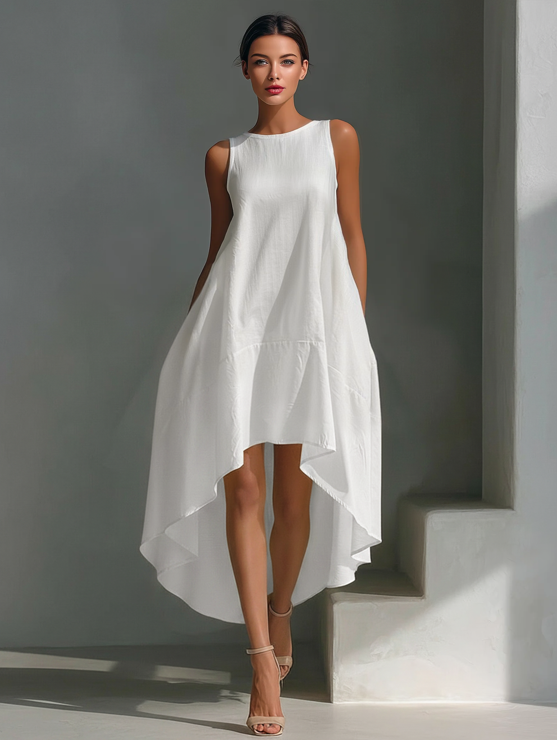 Robes midi pour femmes en lin blanc sans manches avec col rond et jupe asymétrique MDZ0987B9T