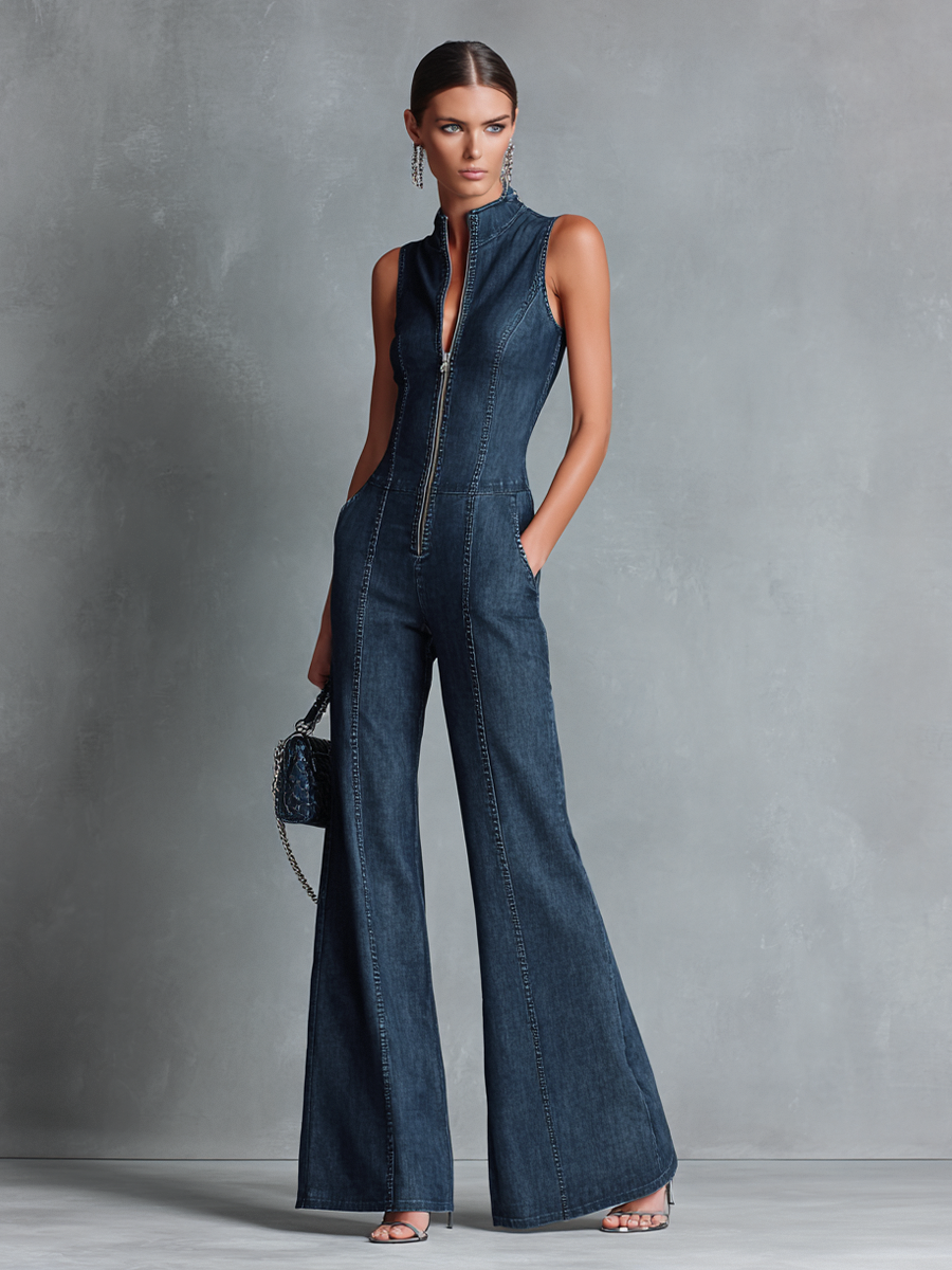 Robe en jean foncé avec col haut, sans manches, avec fermeture éclair avant MDZ1239B2BA
