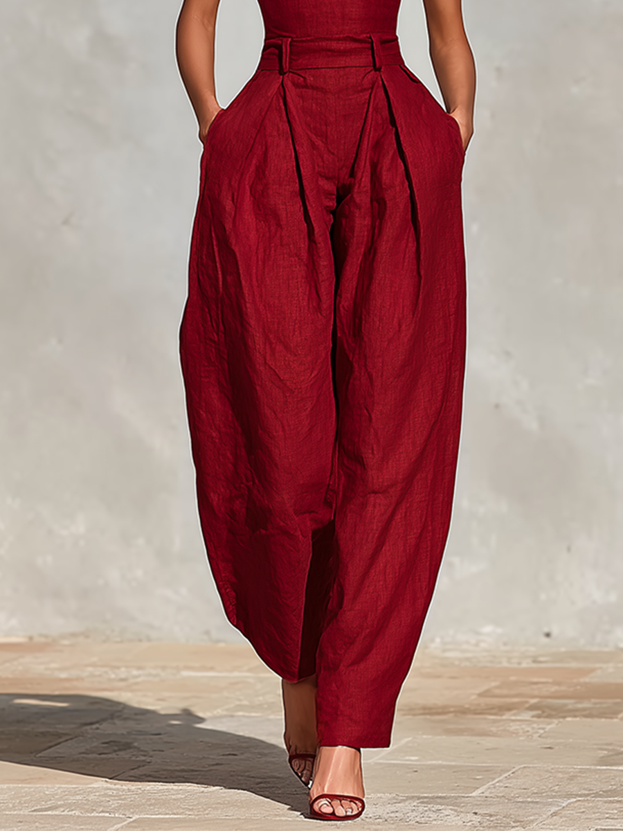 Ensemble en lin rouge pour femmes avec bretelles spaghetti et shorts taille haute, style romantique-éternel élégant MDZ1915C8I