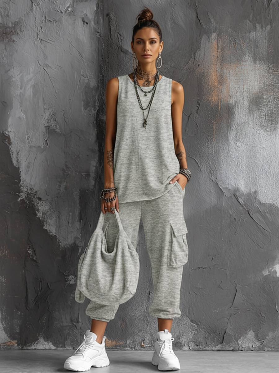 Ensemble top sans manches en gris foncé en tissu de coton mélangé + pantalons jogger avec poches MDZ2365D7GMJ