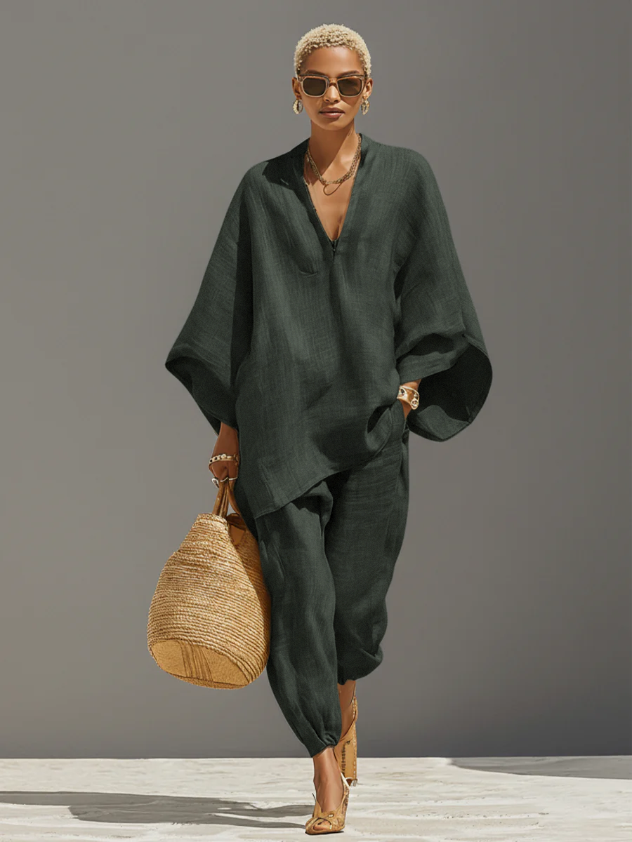 Ensemble en lin neutre pour femmes avec des bords asymétriques et un design minimaliste, style quotidien-élégant sophistiqué MDZ0501B3I