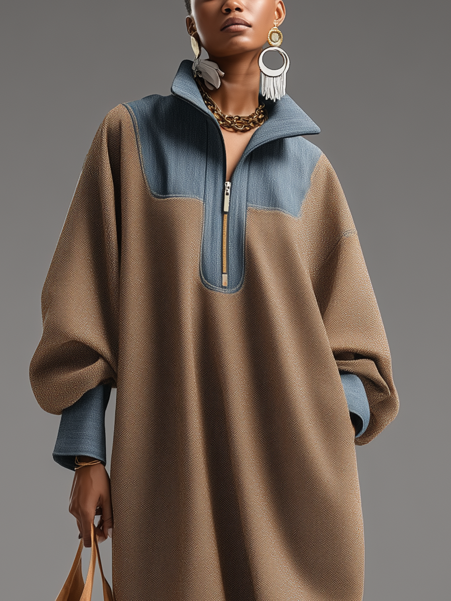 Robes longues pour femmes en couleur marron avec finition réversible et bleu denim avec col montant