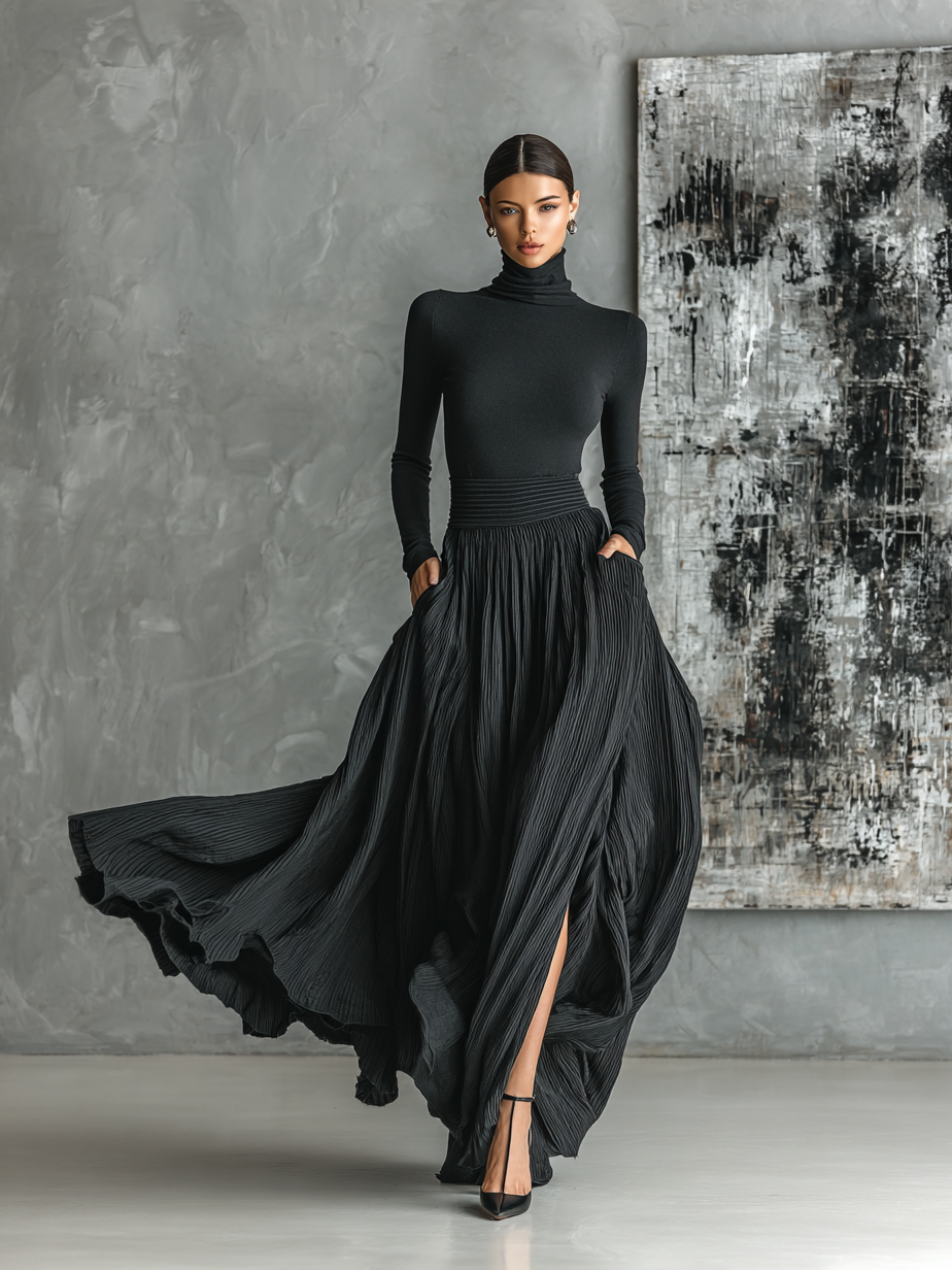 Ensemble t-shirt à col montant et robe plissée pour femmes en noir MDA1366H1Y