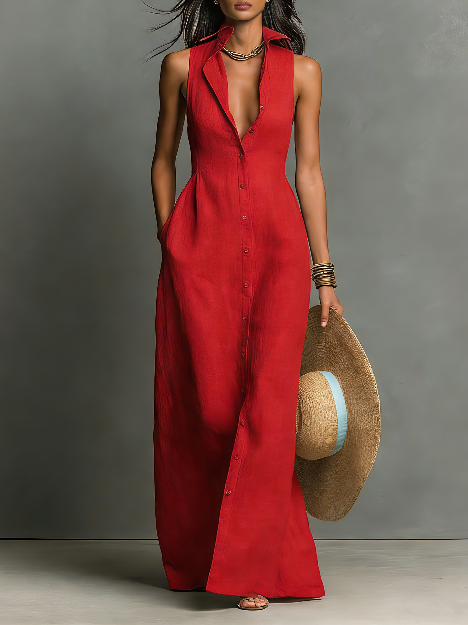 Robes maxi sans manches avec col de style minimaliste pour femmes MDZ1011C0Y