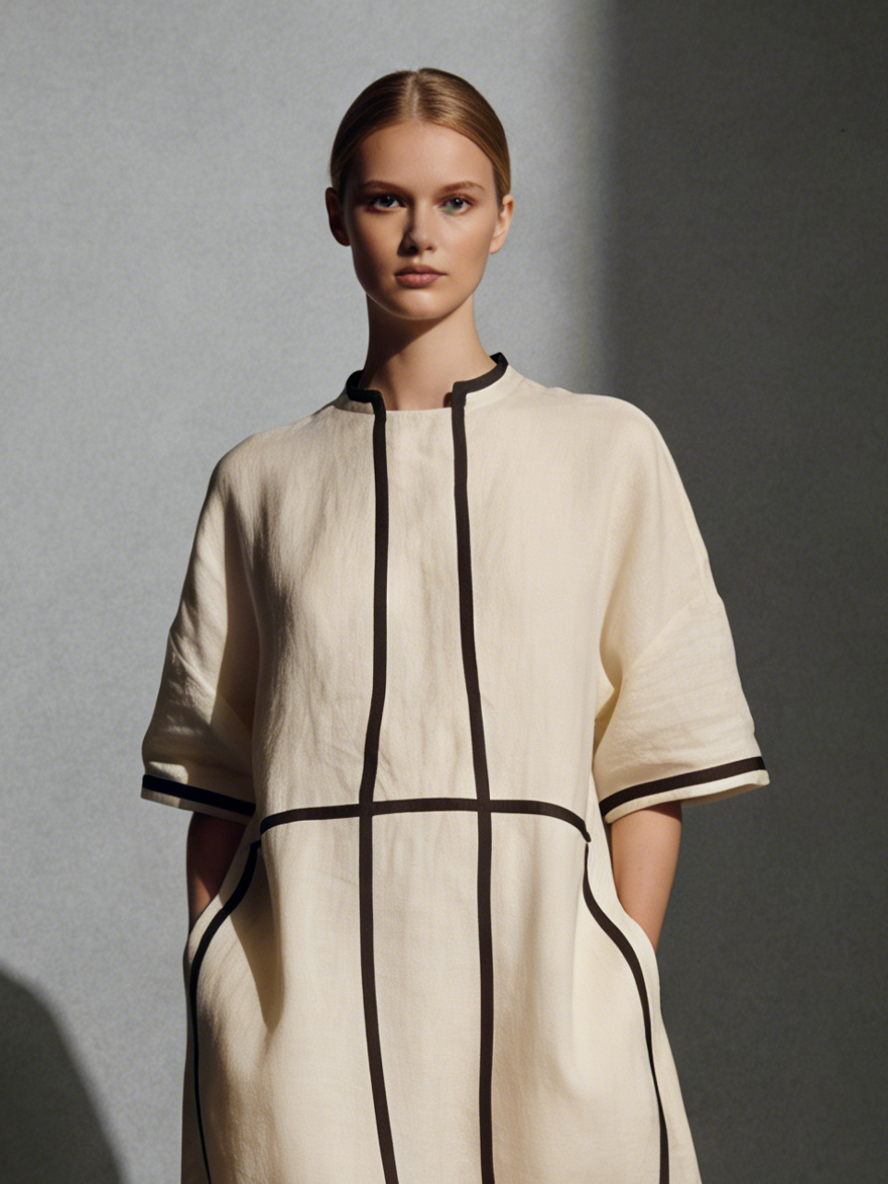 Robe maxi avec col montant, manches courtes, poches et lignes contrastées, en mélange de lin moderne pour femmes couleur beige MDA2924L4AU