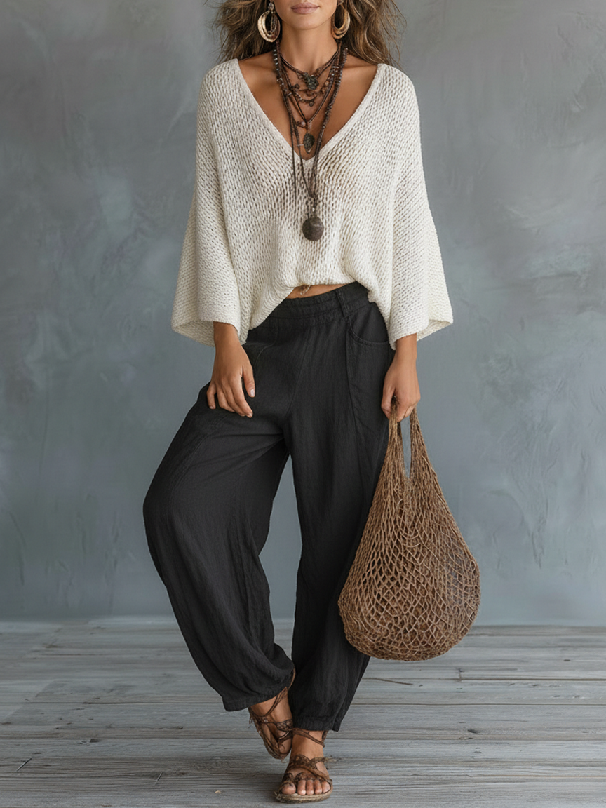 Ensemble de pull léger avec manches cape et pantalon herm MDZ2685A8Y