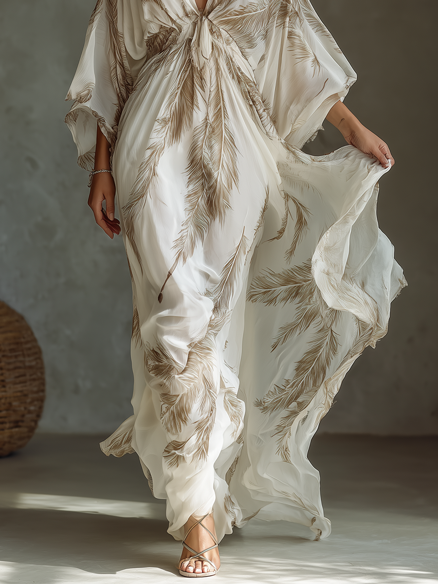 Robe maxi femme en ivoire et top avec manches dolman, devant enroulé et motif de feuilles de palmier MDZ0332B6T