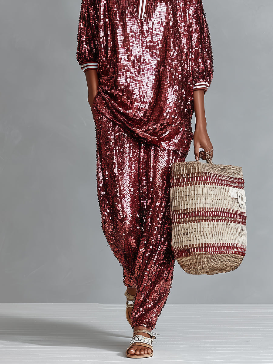 Ensemble lounge femme bordeaux brillant avec paillettes et bretelles - coupe large MDA3059I3I