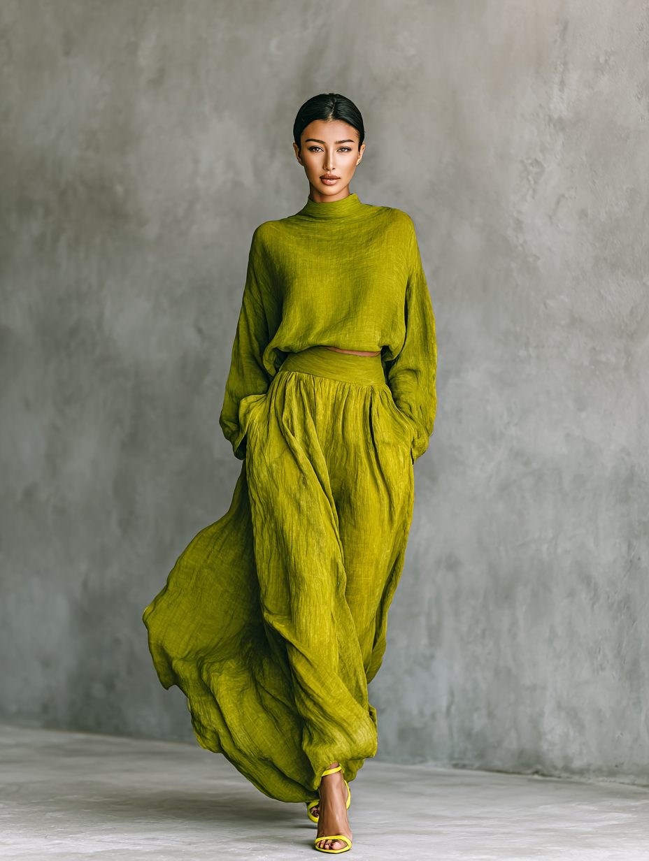 Vêtement vert pour femmes en mélange de coton et de lin