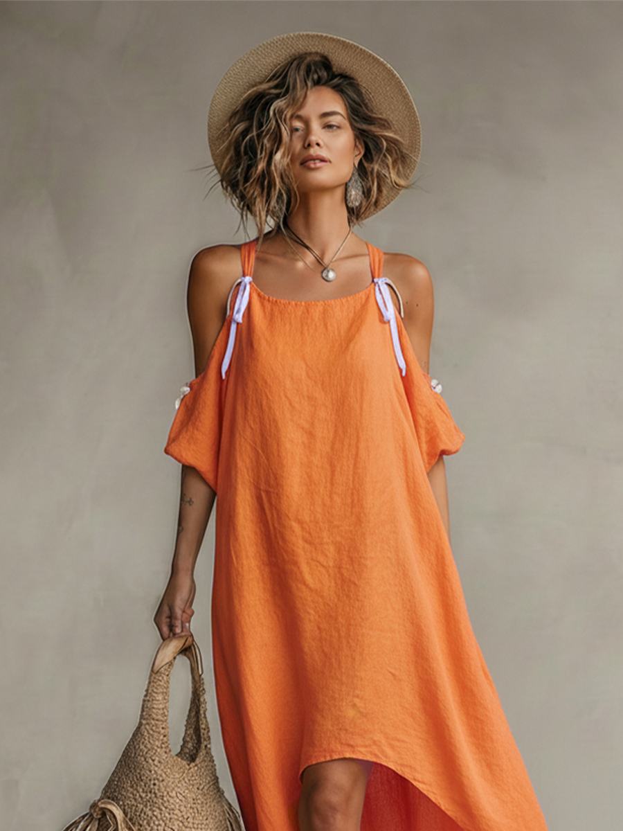 Robe en lin Tamer avec épaule dénudée et jupe asymétrique, robe bohème intemporelle MDZ0337C4I