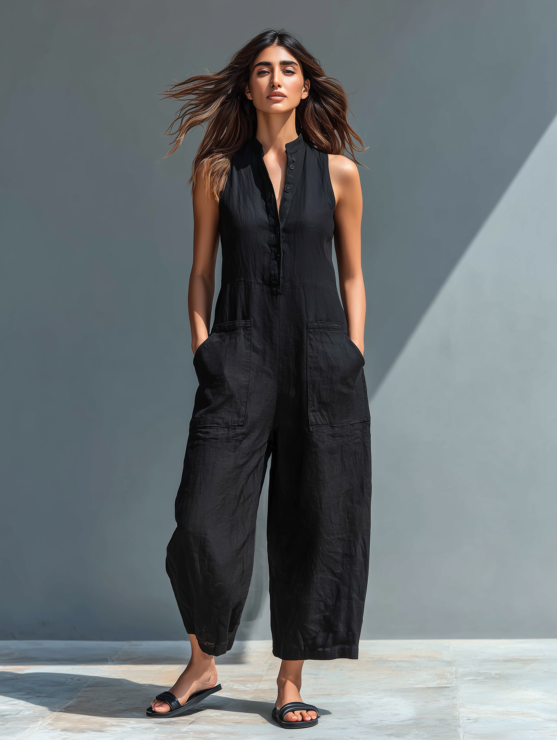 Veste minimaliste pour femmes en lin avec boutons, col montant, sans manches, coupe large