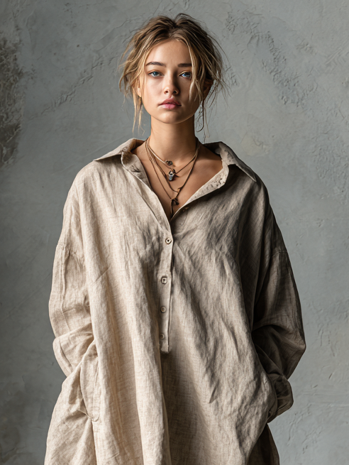 Robe mini en coton et lin loose pour femmes avec boutons et col MDA1854H2Y