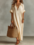 Robes maxi à manches courtes avec broderie pour femmes dans un style minimaliste