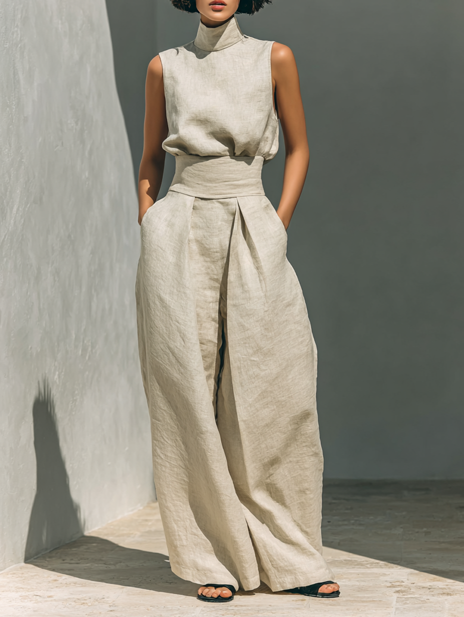Ensemble de pantalons larges et de chemisier sans manches pour femmes en coton et lin MDZ0873A5Y