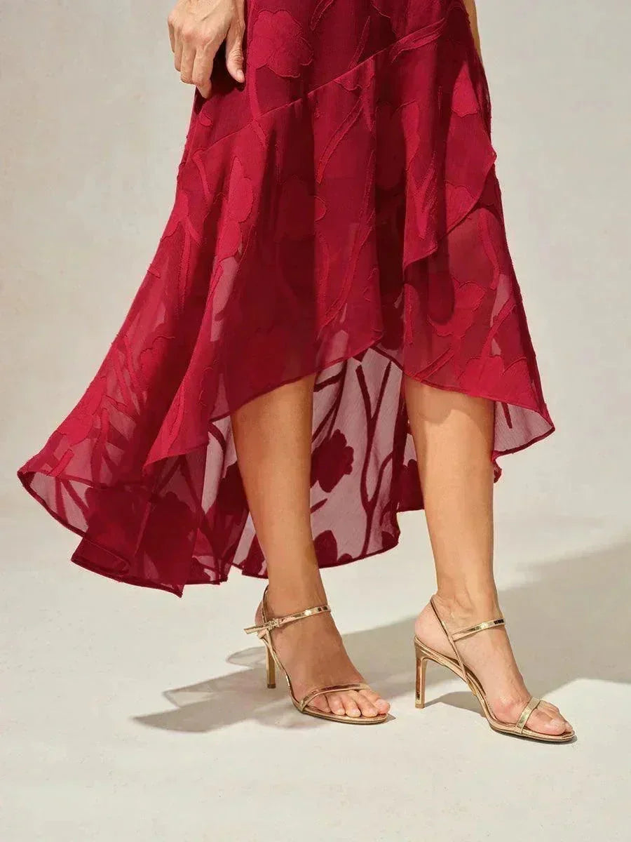 Robes de soirée sans manches en soie florale avec des ourlets asymétriques