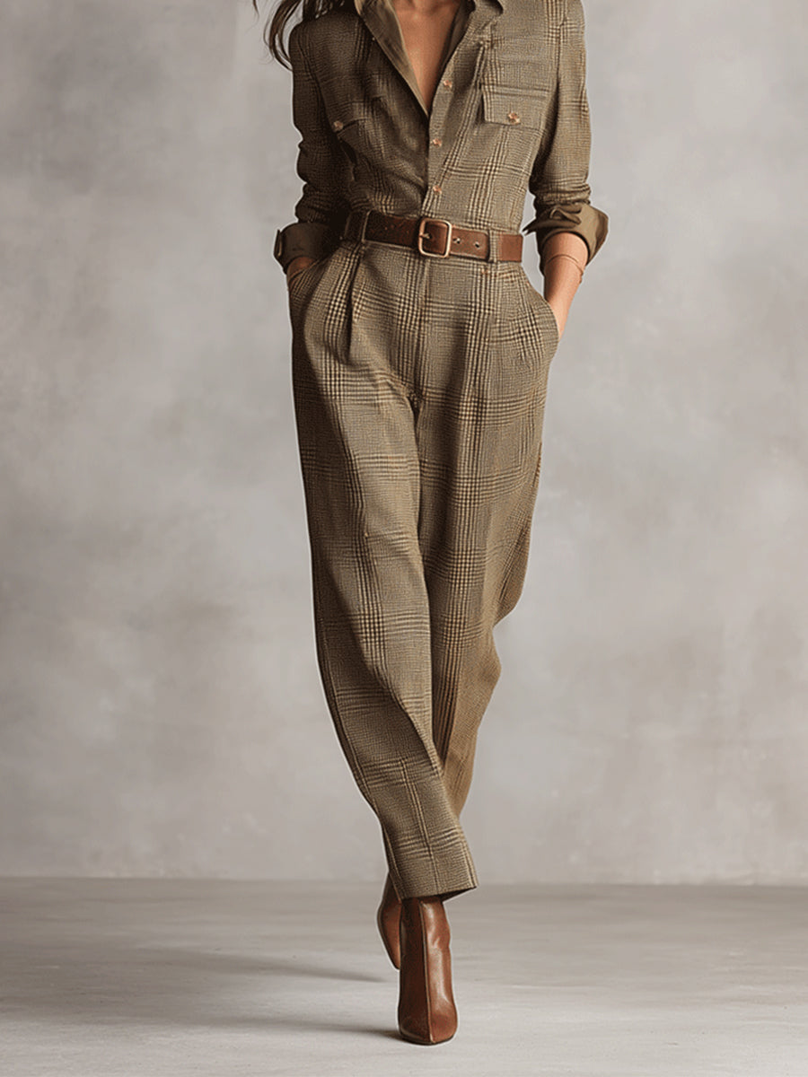 Body pour femmes en couleur marron - Tweed avec texture raffinée (sans ceinture) MDA0167I2I