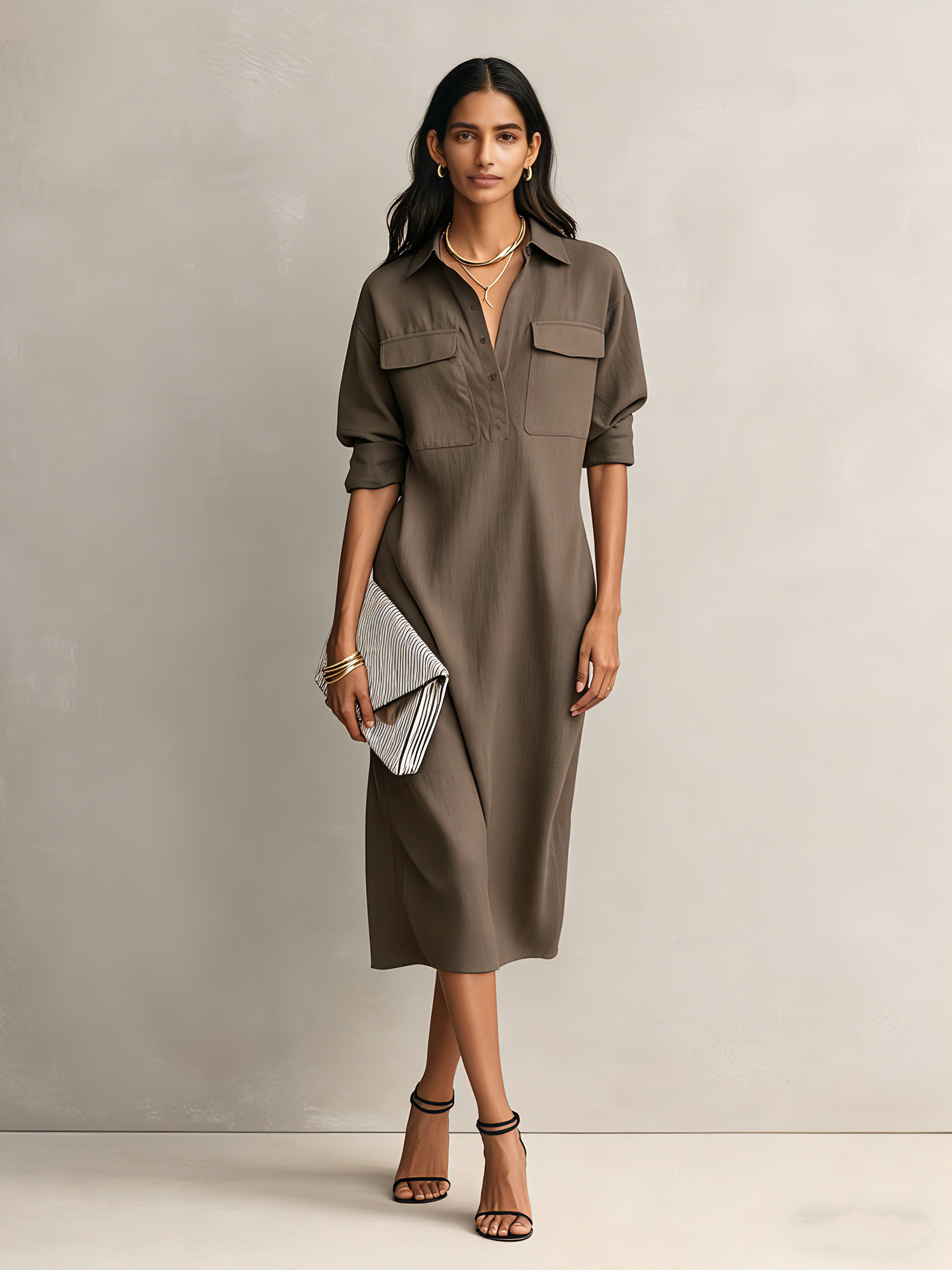 Robe midi courte à manches courtes de couleur noire, en mélange coton-lin, avec col chemise pour femmes MDZ0455C2AN