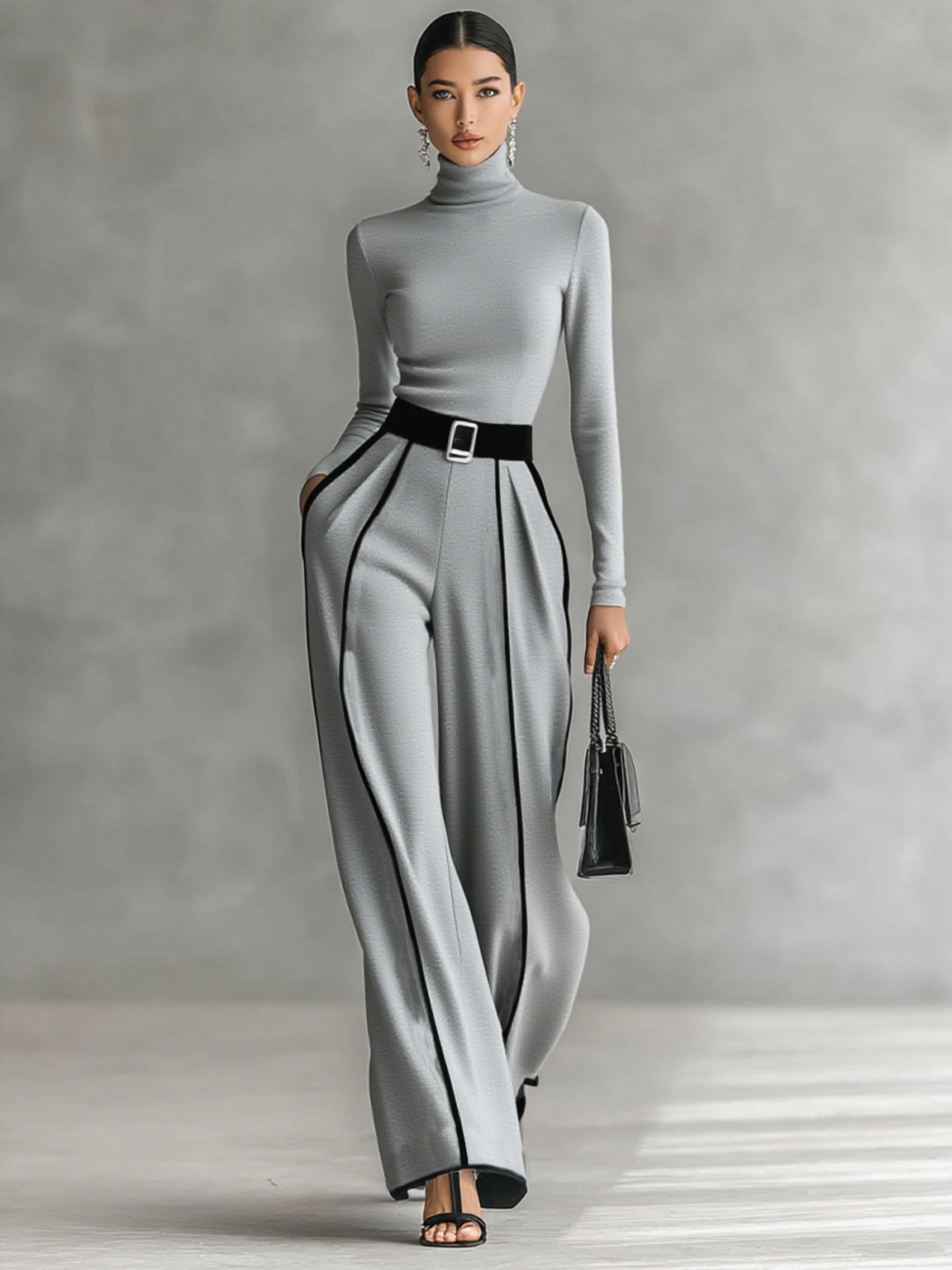 Ensemble de deux pièces pour femmes avec col montant, manches longues, pantalons larges et ceinture