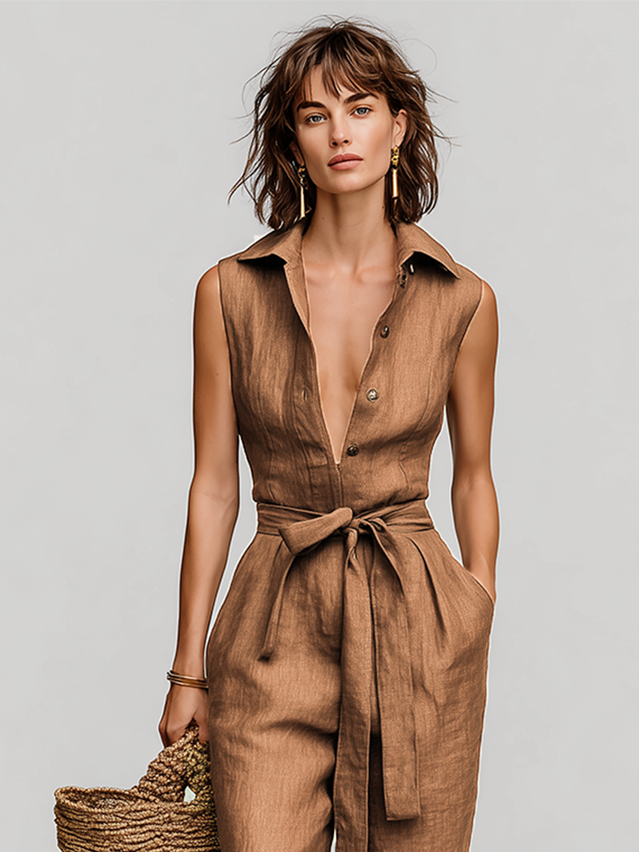 Combinaison en lin marron pour femmes avec taille à nouer et décolleté en V avec col, style classique de vacances-quotidien MDZ0638B5I