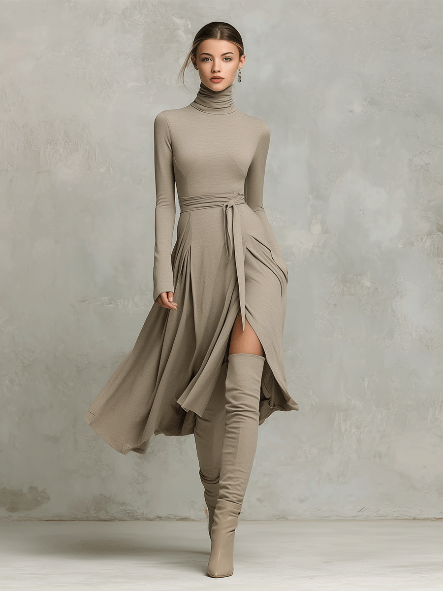 Robe midi tricotée mixte pour femmes avec des manches longues et flatteuses MDA2446G6I