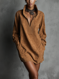 Robe décontractée pour femmes avec col en V en daim imprimé avec manches longues MDA0483K5AN
