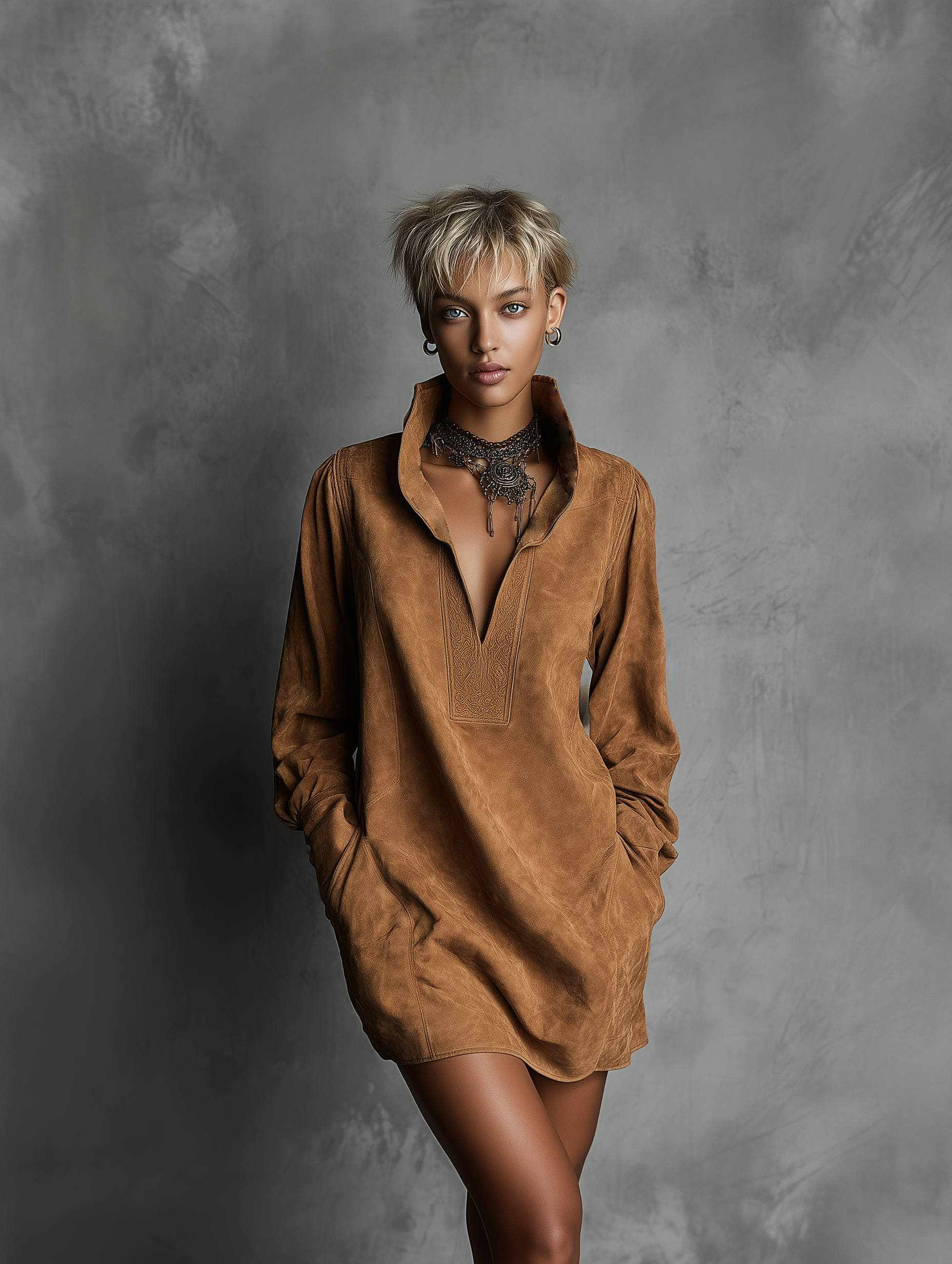 Robe décontractée pour femmes avec col en V en daim imprimé avec manches longues MDA0483K5AN