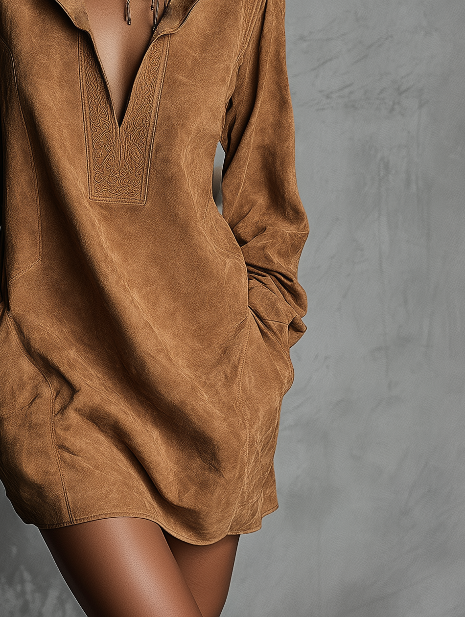 Robe décontractée pour femmes avec col en V en daim imprimé avec manches longues MDA0483K5AN