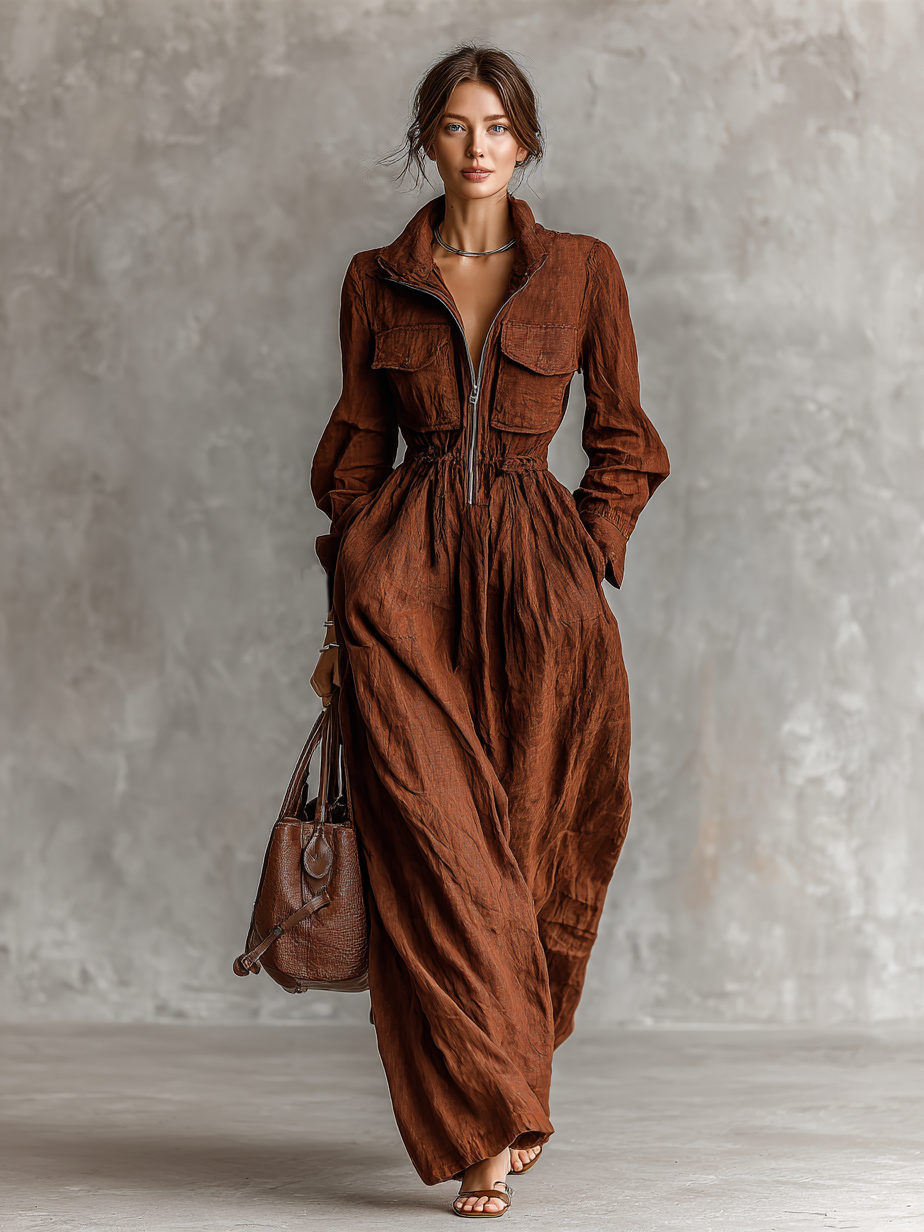 Robes maxi femmes en coton et lin avec fermeture éclair et col à revers élastique MDA1964H8Y