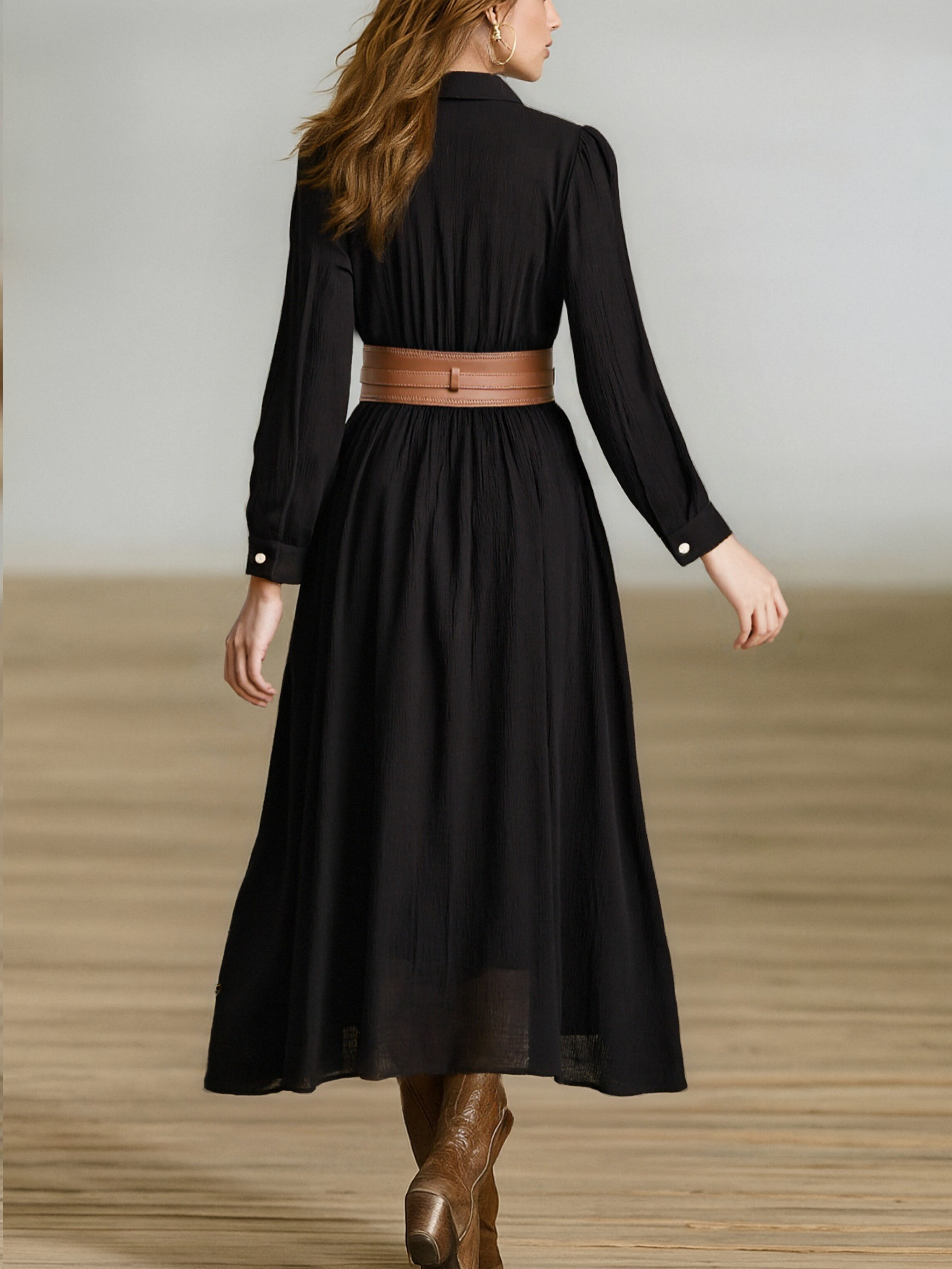 Robes maxi femmes en tissu imitation coton et lin avec poches et manches longues MDA1768I7Y