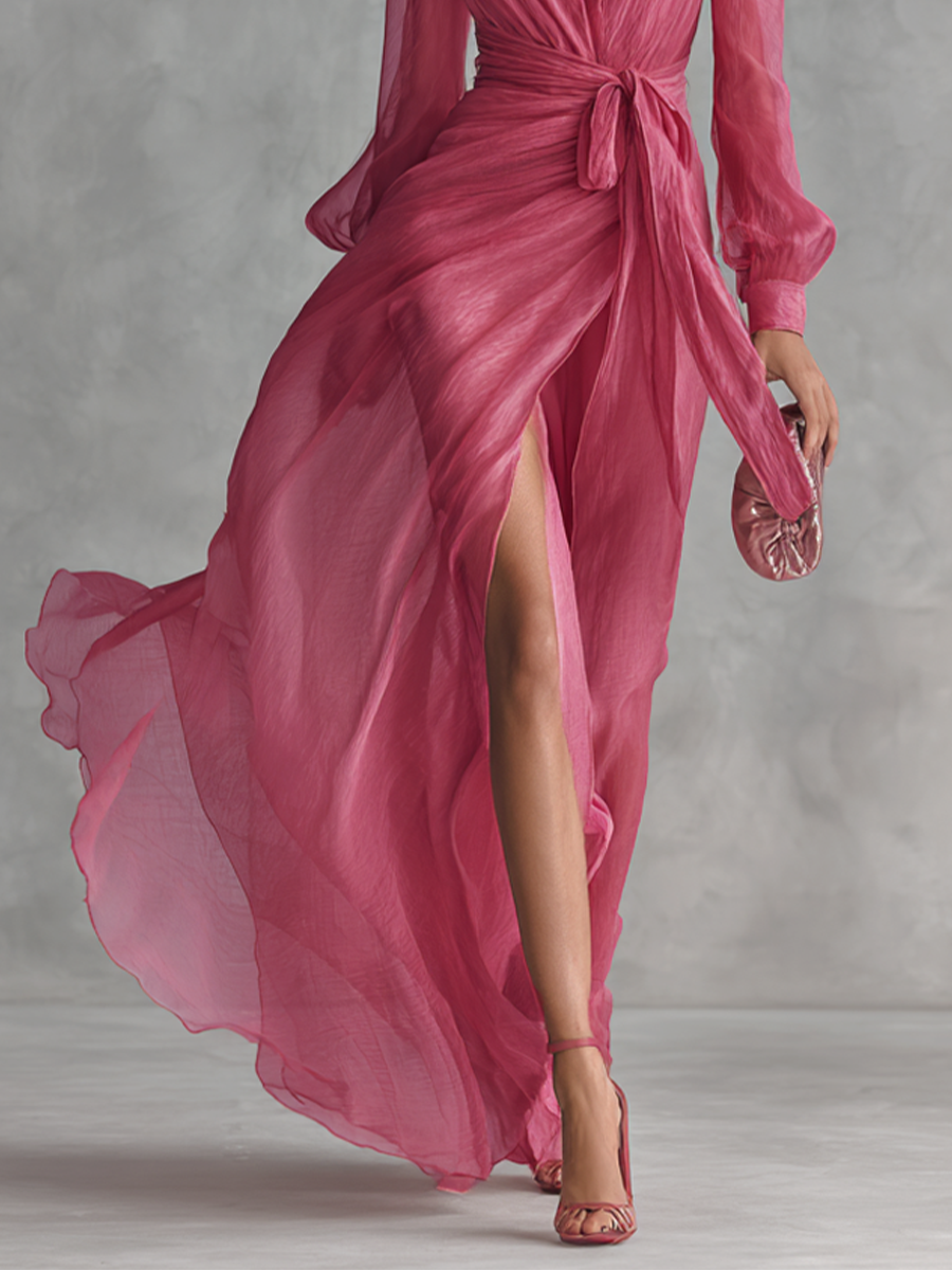 Robes longues pour femmes élégantes en chiffon rose perle avec décolleté en V et ceinture à la taille