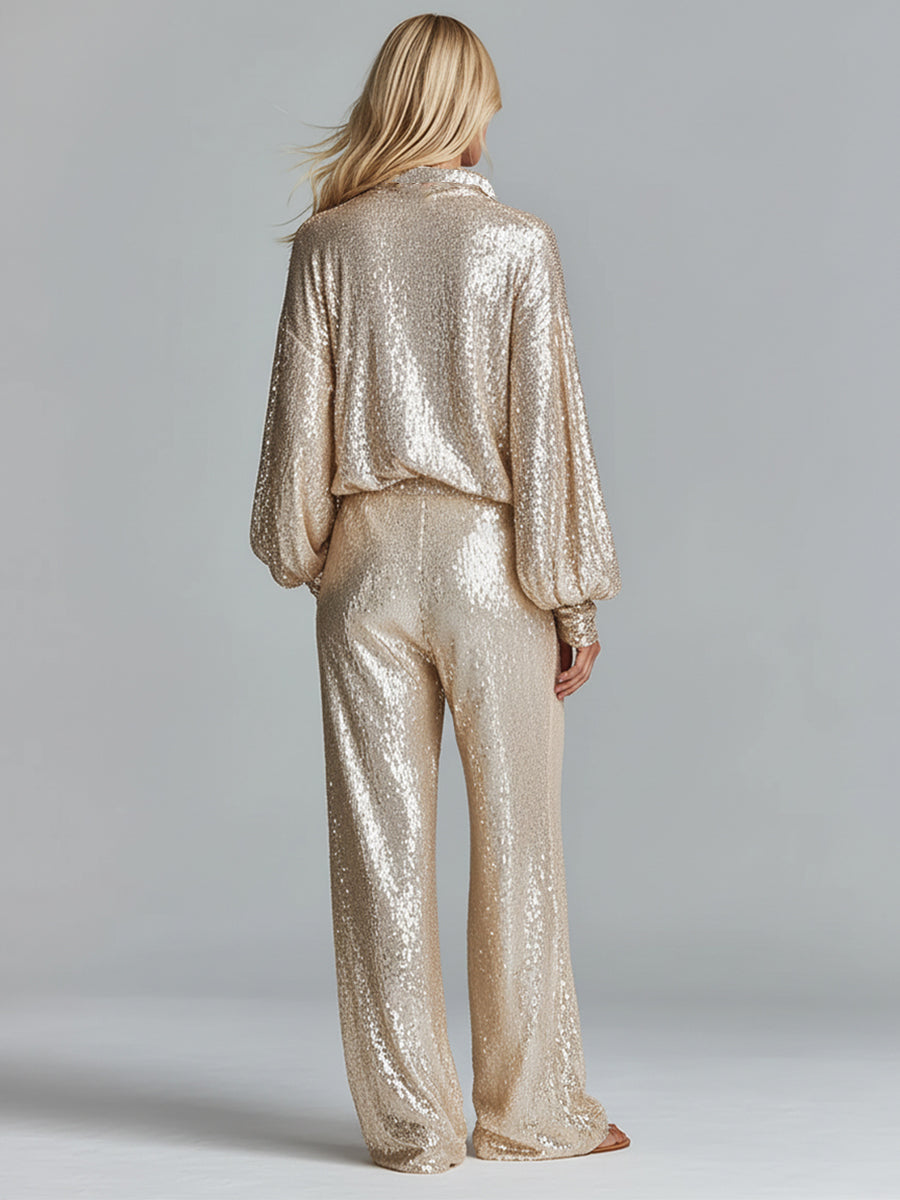 Ensemble de lingerie de fête pour femmes avec col et sequins dorés brillants - demi-zip et jambes larges MDA2425I0I