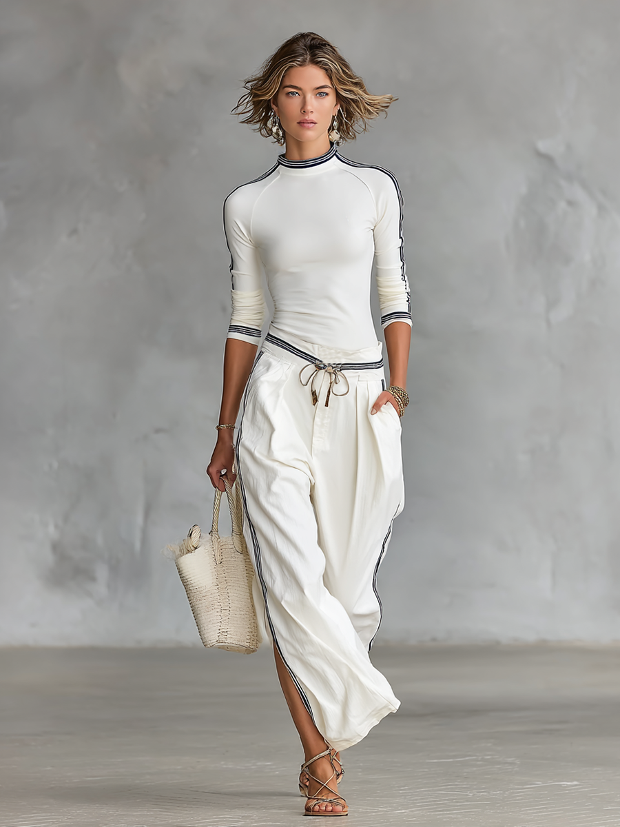 T-shirt long à col montant pour femmes et pantalon large avec cordon de serrage - ensemble deux pièces
