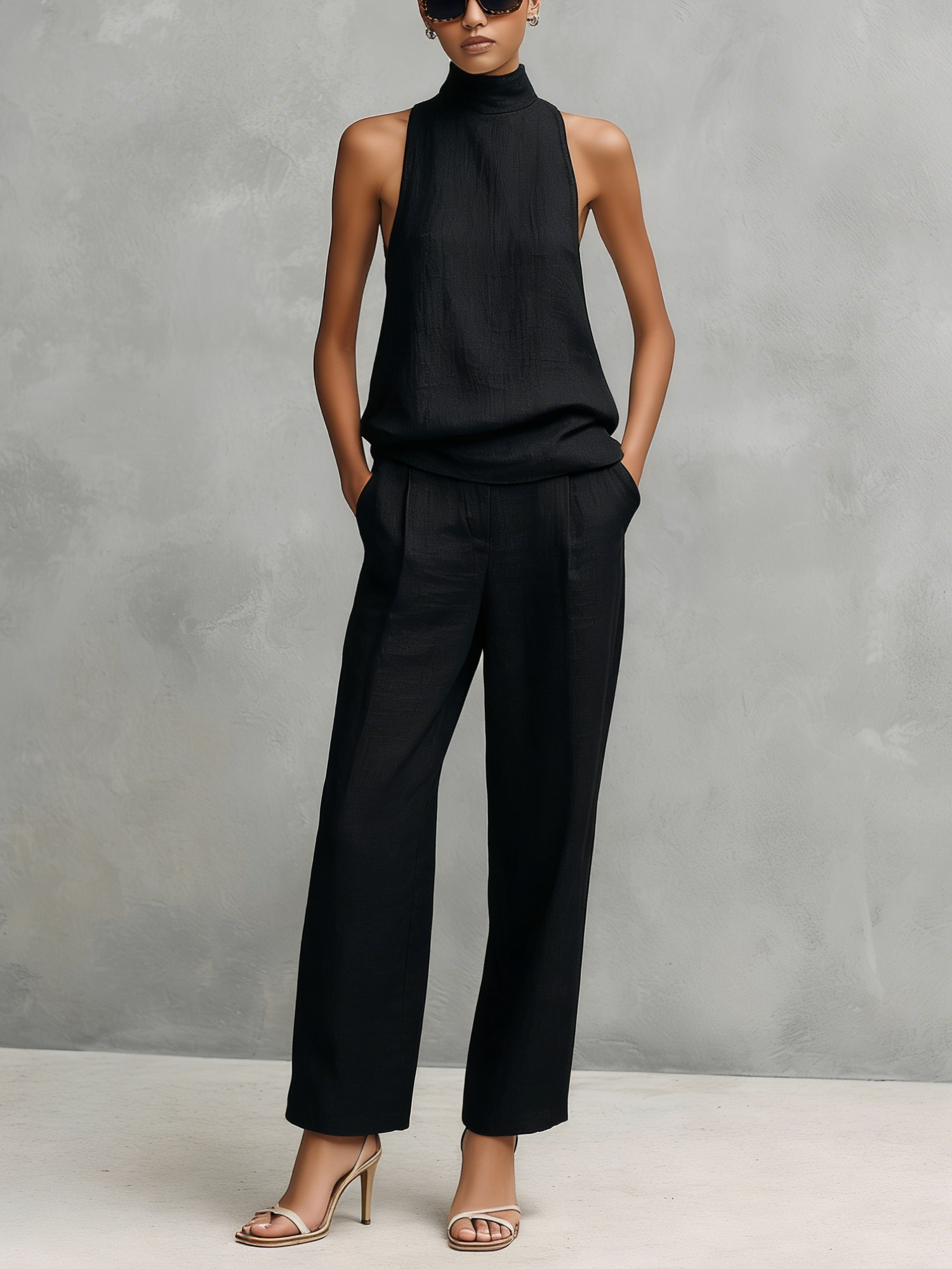 Ensemble top et pantalon pour femmes au style élégant en noir, en coton et lin, avec col rond et sans manches MDZ1441A4AN