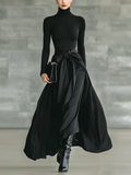 Robe maxi noire pour femmes avec col haut, stretch, tricotée et satin MDA2851J4T