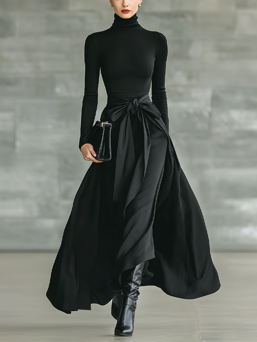 Robe maxi noire pour femmes avec col haut, stretch, tricotée et satin MDA2851J4T