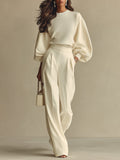 Ensemble texturé couleur ivoire pour femmes avec col rond froissé et pantalon taille haute, ensemble moderne et raffiné MDA2231L6I