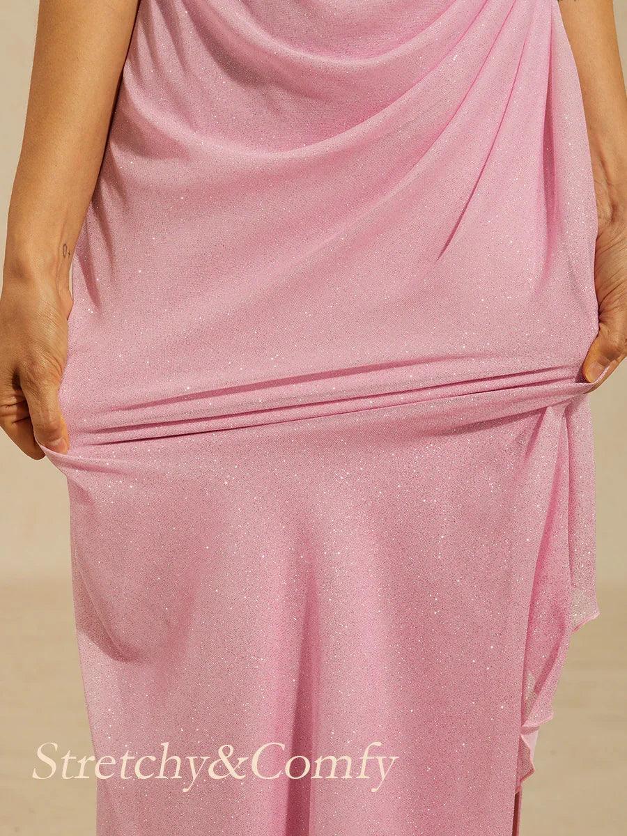 Robe en tulle scintillant à longueur cheville avec épaules dénudées