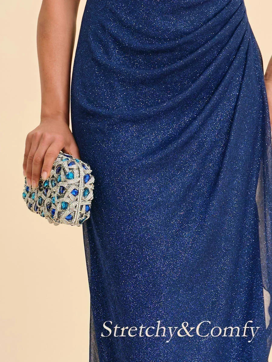 Robe en tulle scintillant à longueur cheville avec épaules dénudées