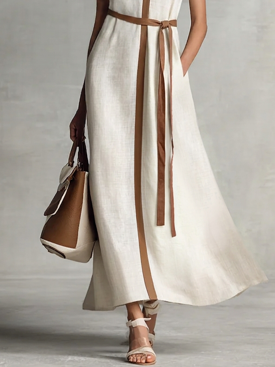 Robes maxi pour femmes avec col en V sans manches et ceinture MDZ1153B7BA