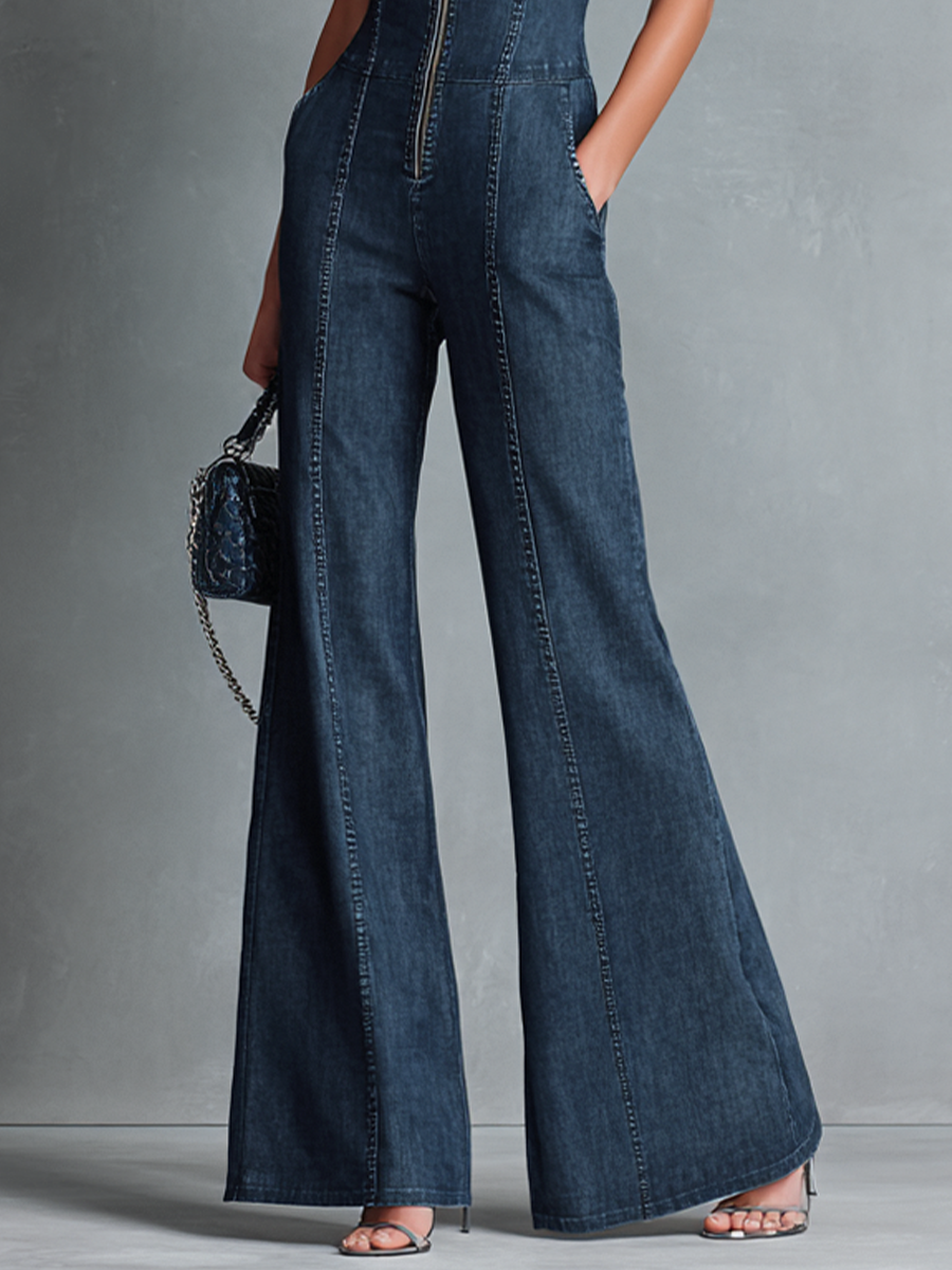 Robe en jean foncé avec col haut, sans manches, avec fermeture éclair avant MDZ1239B2BA