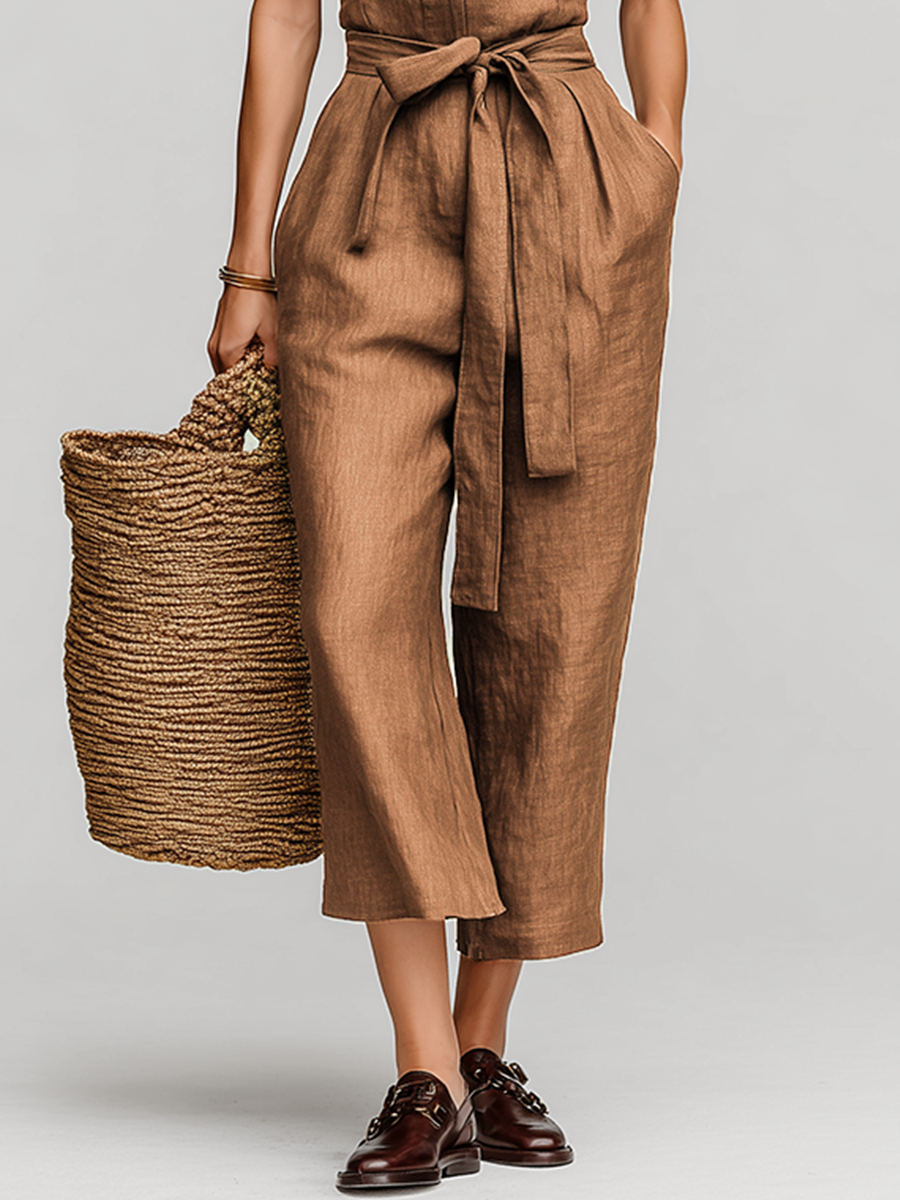 Combinaison en lin marron pour femmes avec taille à nouer et décolleté en V avec col, style classique de vacances-quotidien MDZ0638B5I