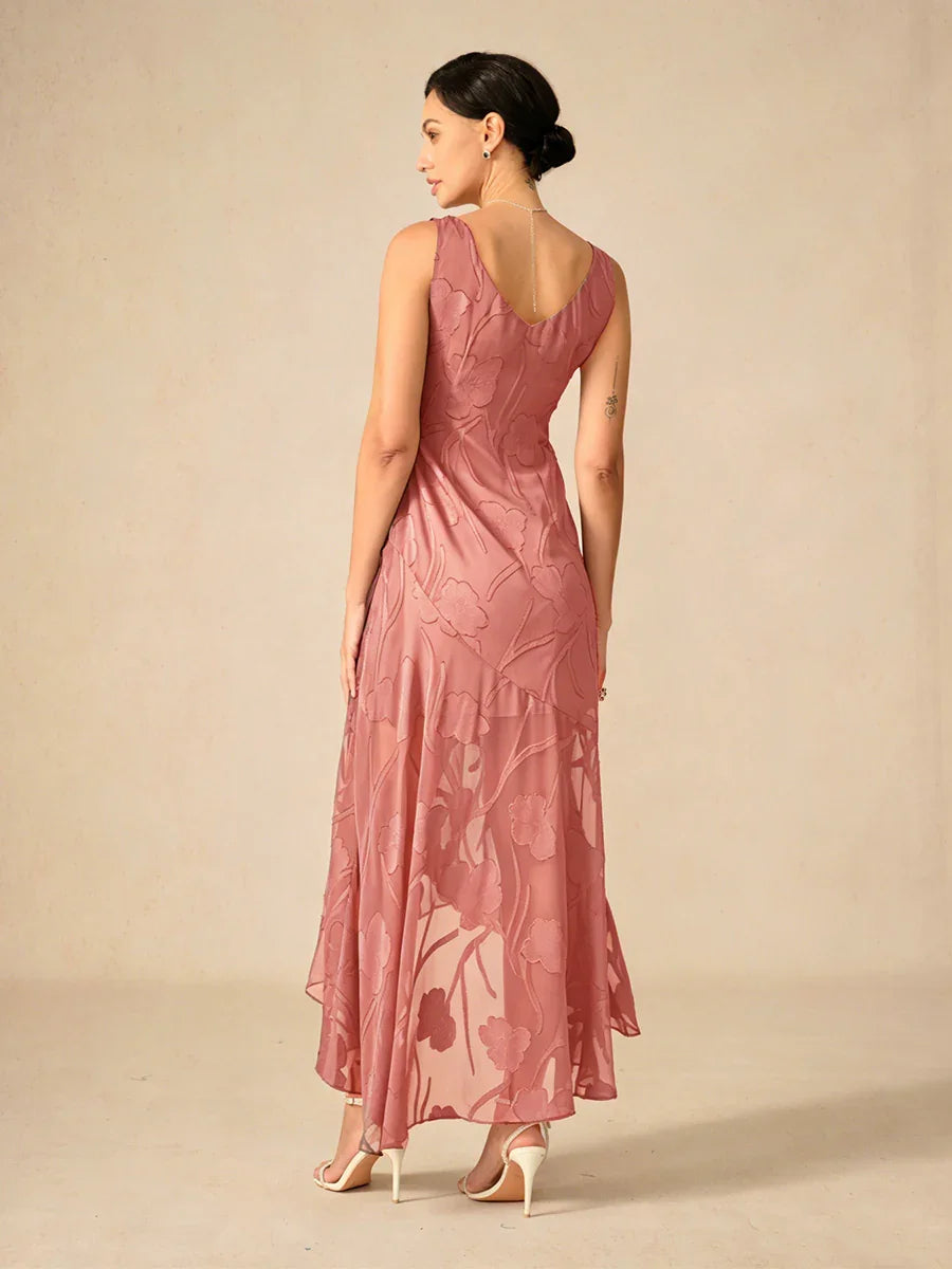 Robes de soirée sans manches en soie florale avec des ourlets asymétriques