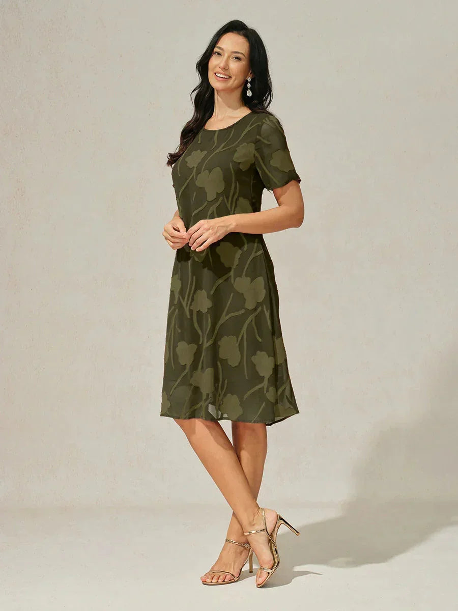 Robe A-Line en chiffon transparent avec des fleurs, longueur genou