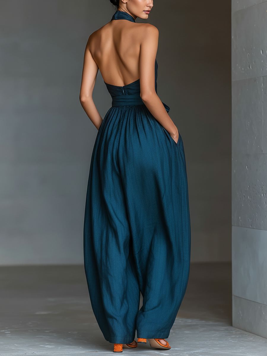 Robe d'été pour femmes en lin de couleur bleu foncé avec col croisé, taille ajustable et pantalons larges MDZ0455B5T