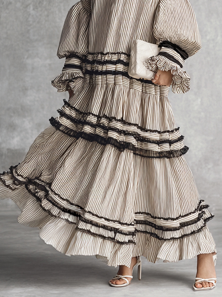 Robe maxi pour femmes avec des volants et des rayures en couleurs marron et blanc MDZ1426B2BA