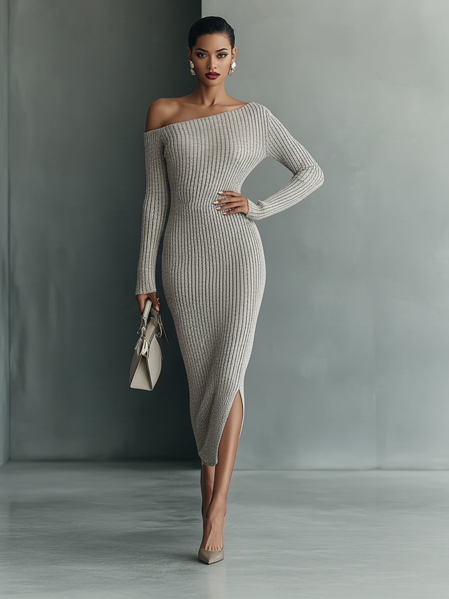 Robes tricotées grises pour femmes avec une épaule MDA0233I9T