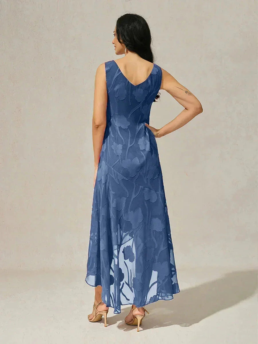 Robes de soirée sans manches en chiffon floral avec des bords asymétriques