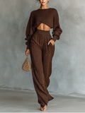Ensemble tricoté pour femmes en couleur café : top court et pantalon large MDA3000G6T