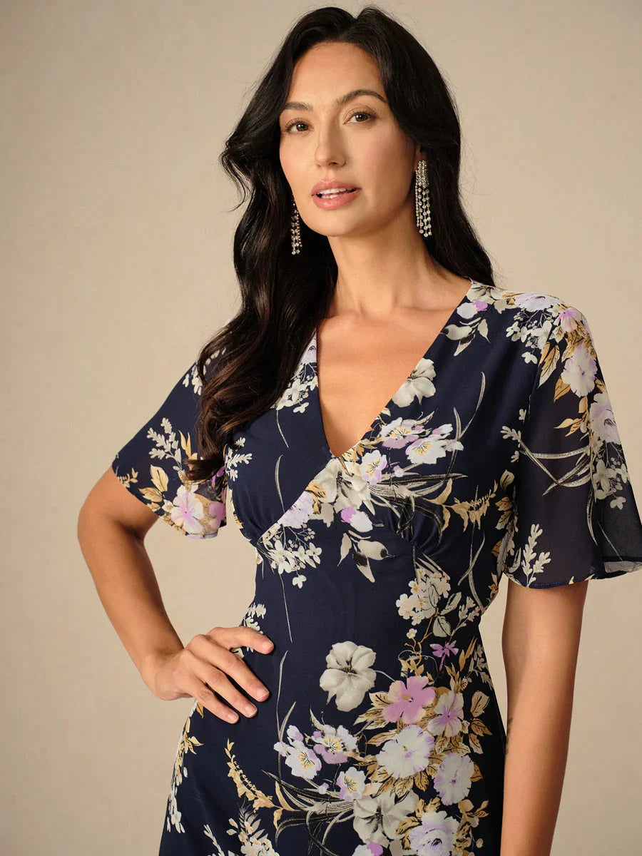 Robe midi en chiffon à fleurs avec décolleté en V et zips