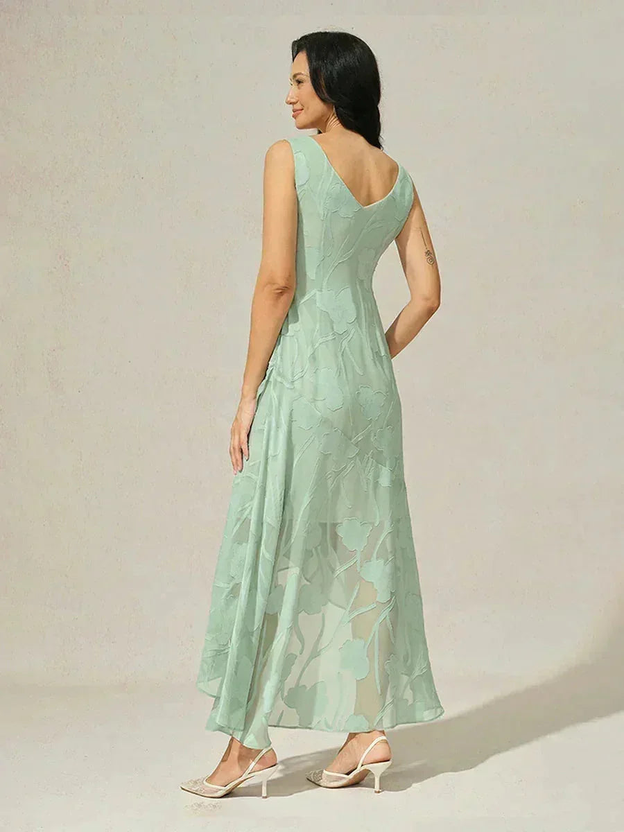 Robes de soirée sans manches en soie florale avec des ourlets asymétriques